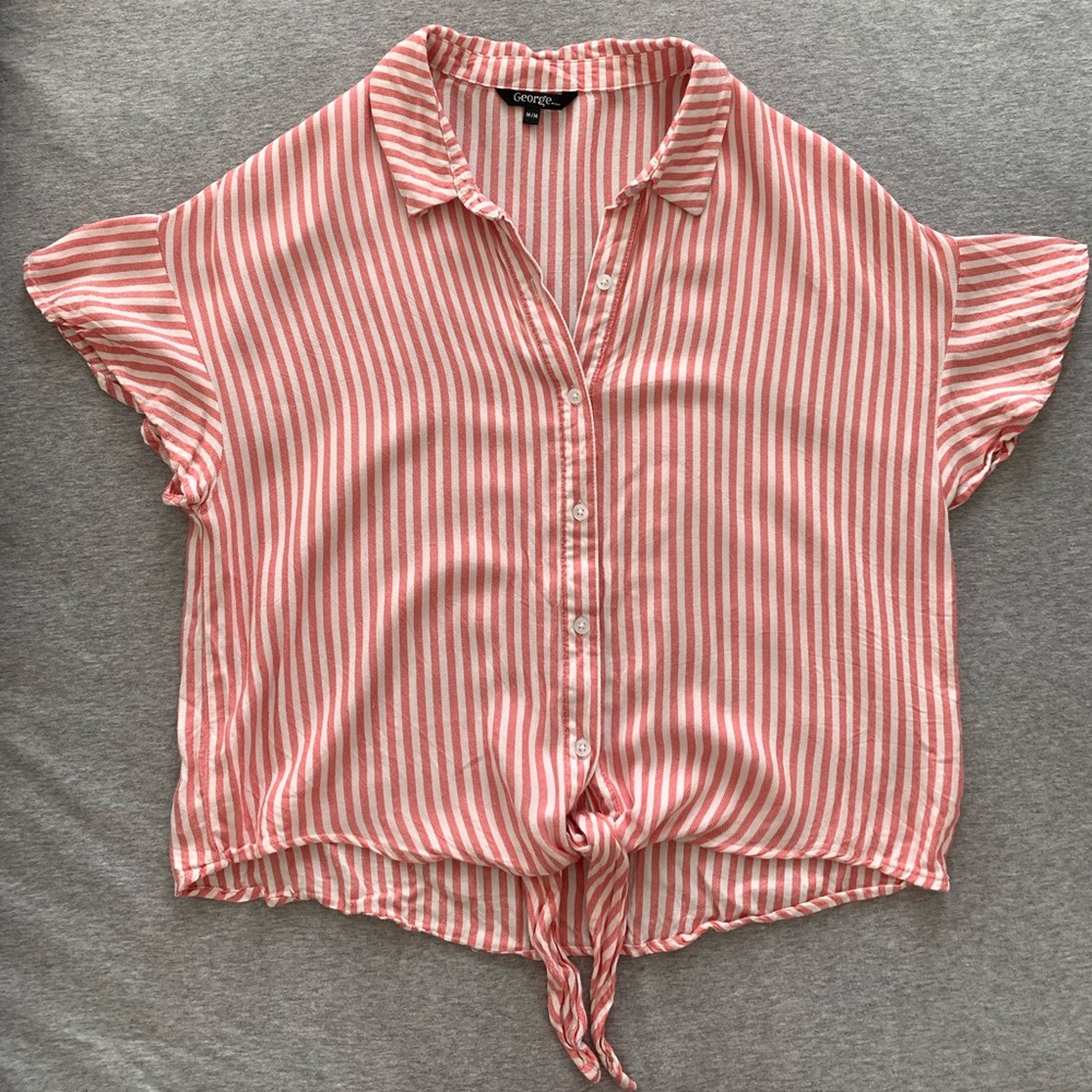 Pink button up with tie at the bottom